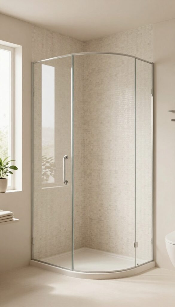 Bright modern bathroom with a curved half wall shower partition in soft neutral tile, natural light, and a simple clean layout.