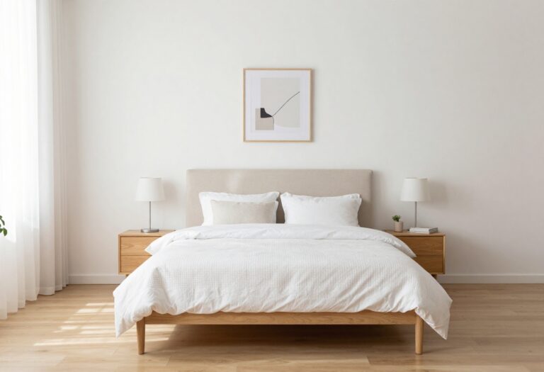 Bright remodeled bedroom with a centered bed, upholstered headboard, matching nightstands, and soft natural light