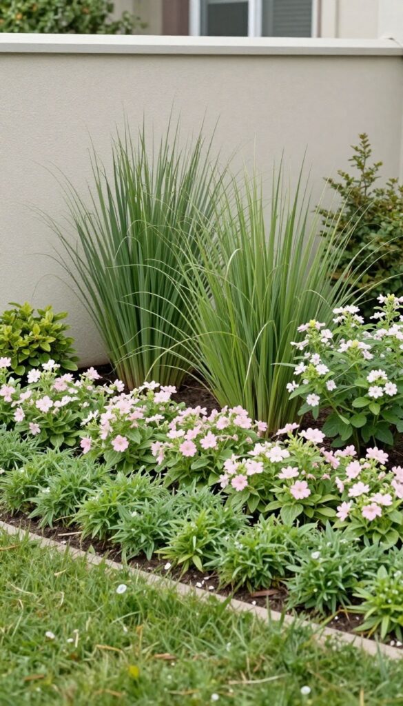 Small front yard with layered landscaping, tall grasses at the back, medium plants in the middle, and low ground cover along the front edge