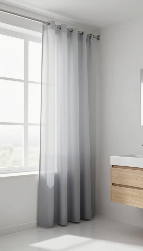 Modern bathroom with a soft gray ombre shower curtain fading from light to dark, bright natural light, clean minimalist styling