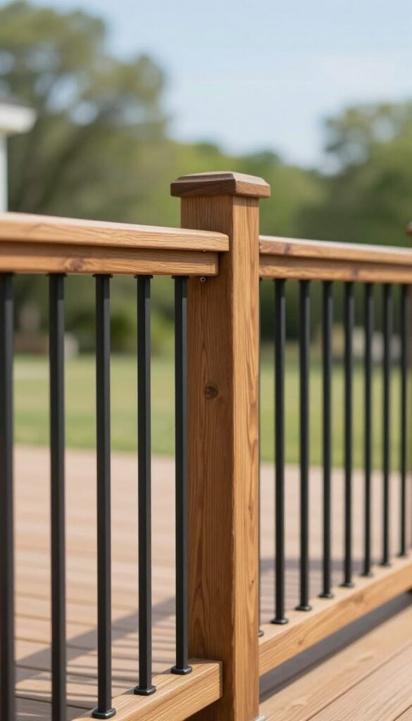 Close-up of a modern deck railing with rich walnut-stained wood posts and top rail paired with slim matte black metal balusters, photographed in bright natural daylight with a softly blurred green backyard behind.