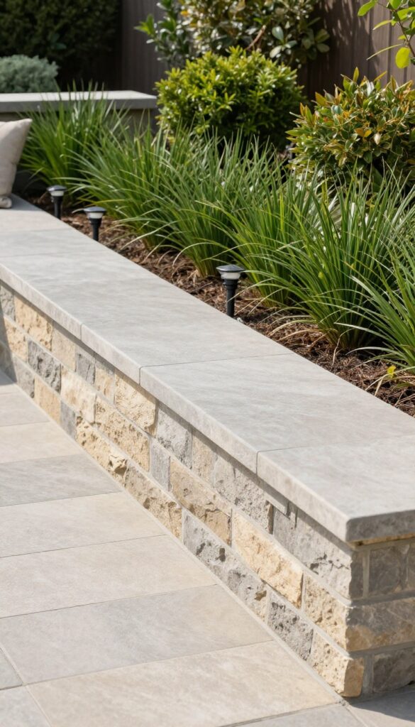 Modern front yard retaining wall with a smooth stone built-in seating ledge, neutral cushions, low plants, and solar lights in bright natural light