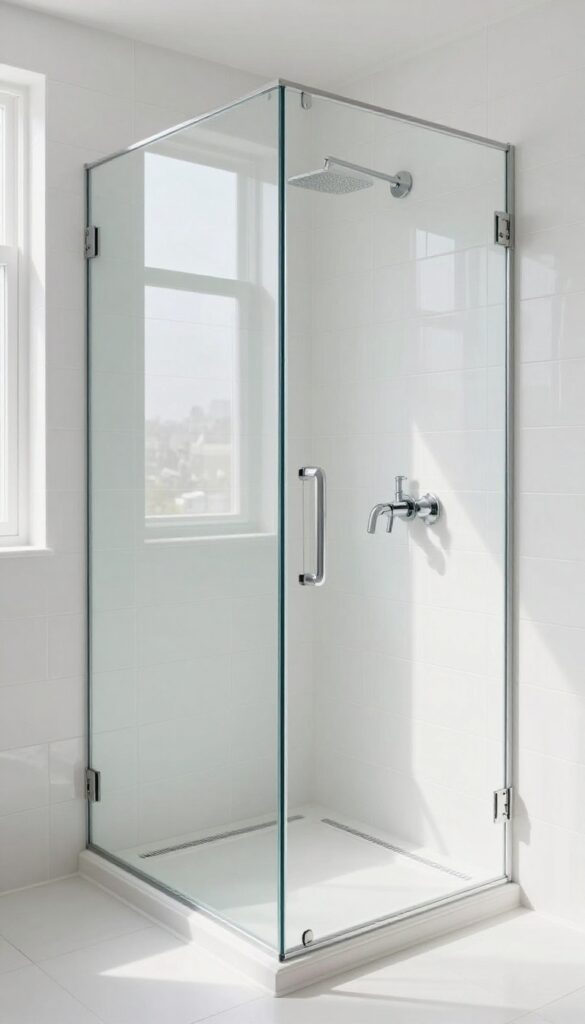 Bright bathroom shower with large white tiles and a clear frameless glass panel letting natural light through