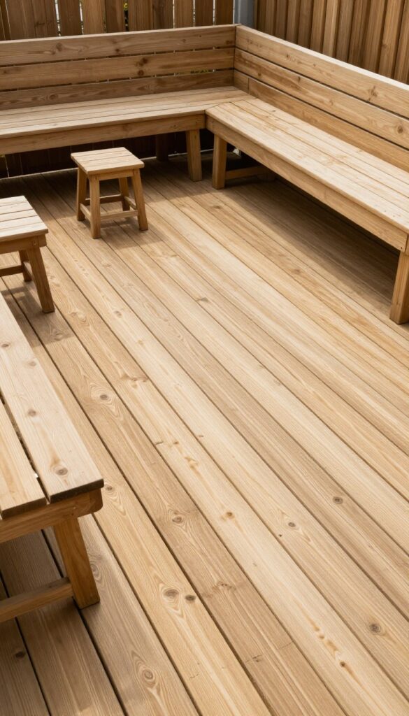 Bright backyard deck with low-profile benches and chairs arranged along the railings, leaving the center completely open for easy movement.