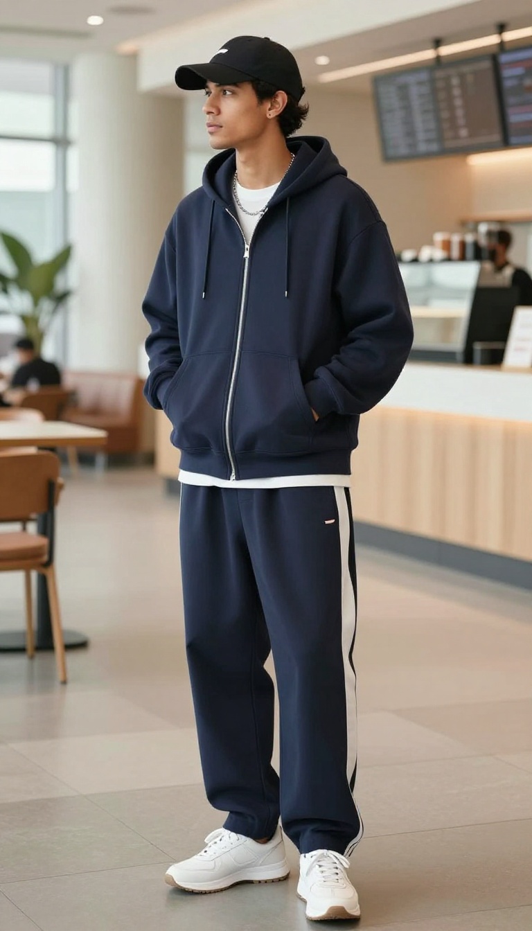 9. Zip-Up Hoodie with Track Pants and Retro Sneakers