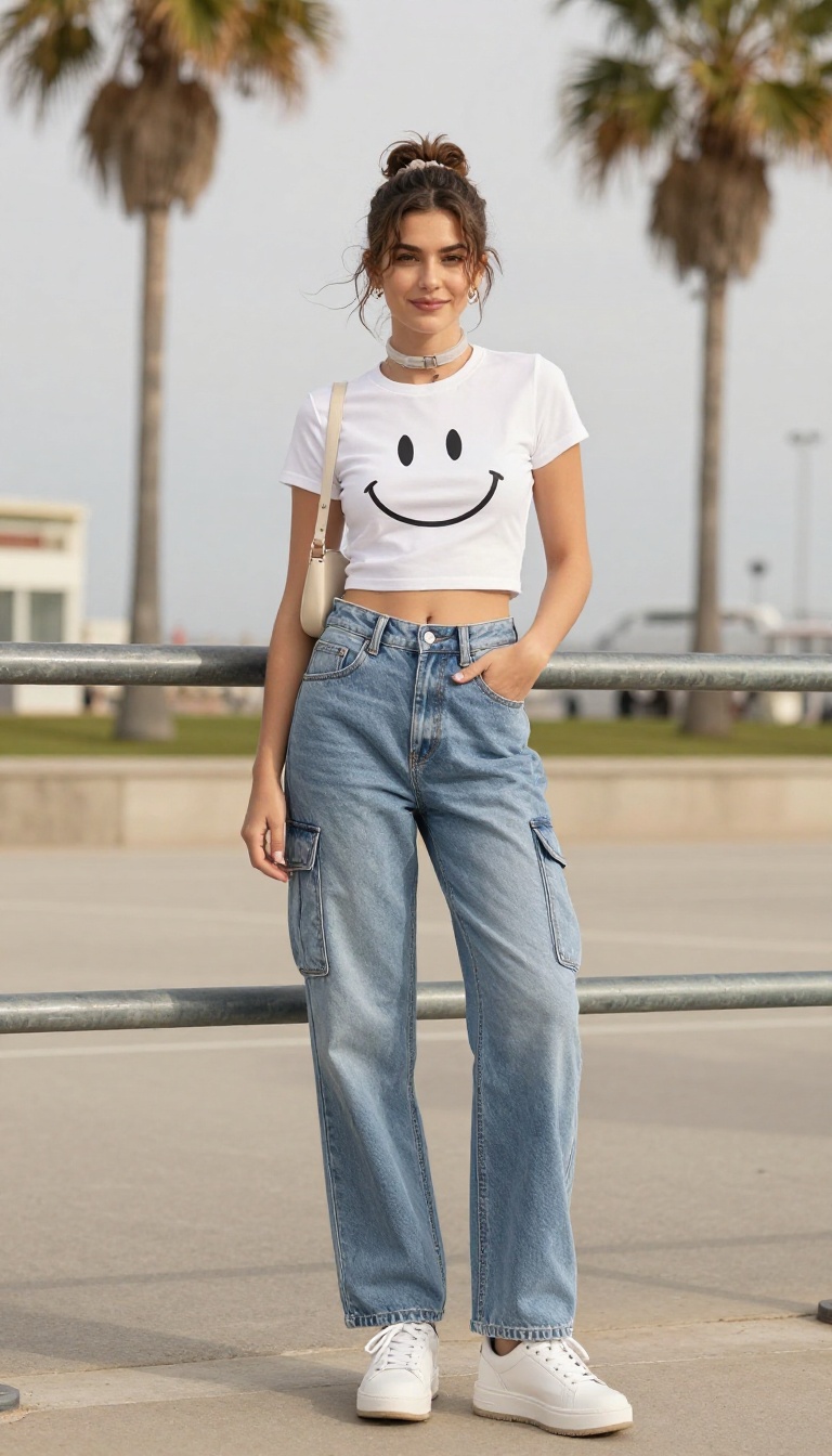 1. Baggy Carpenter Jeans + Baby Tee + Chunky Sneakers