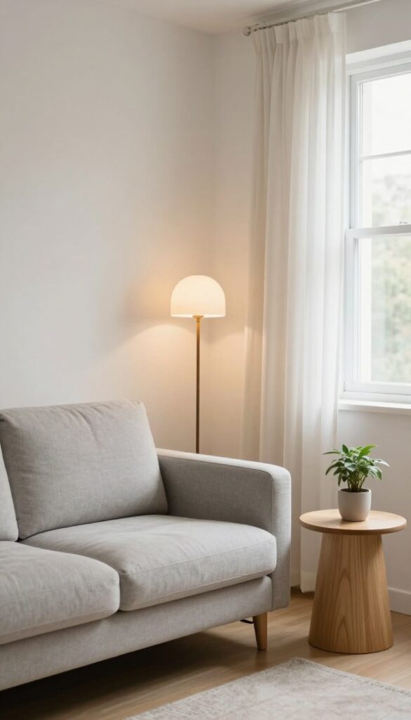 Bright small living room with a light gray loveseat and matching chair angled into the corner, a floor lamp, round side table, and tall plant creating a cozy reading nook