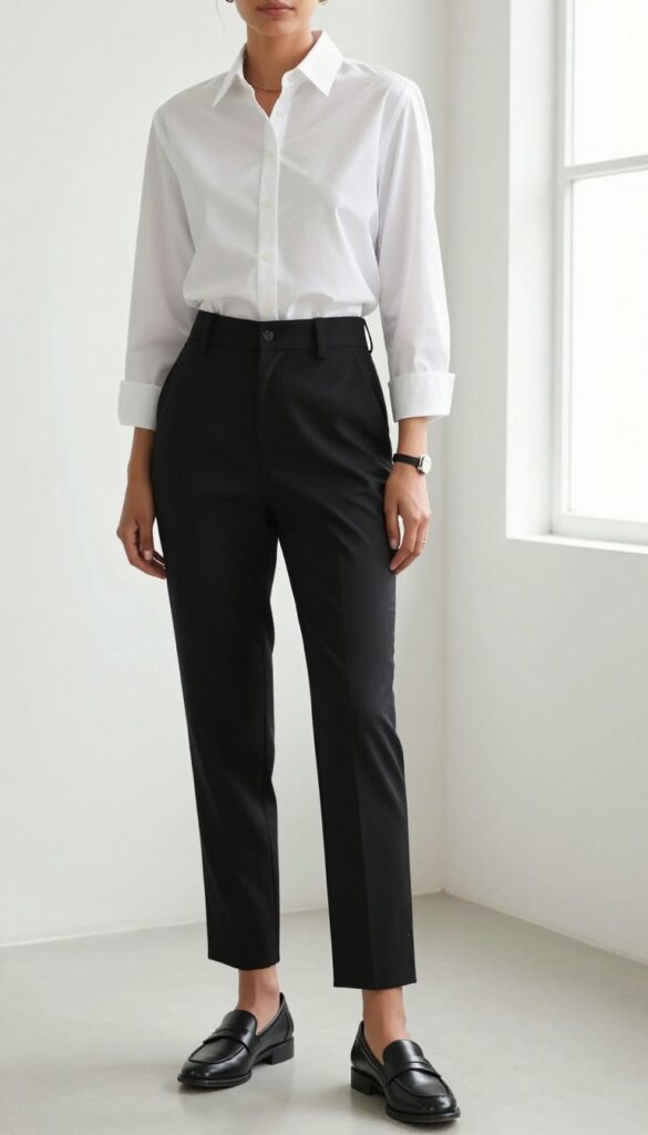 Woman in a crisp white button-down shirt and tailored black trousers with loafers and a leather handbag, styled in a bright minimalist interior for an elegant casual outfit idea