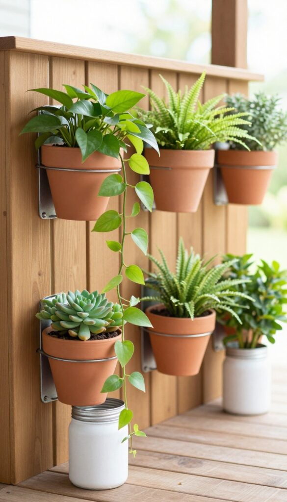 Small wooden deck with wall-mounted vertical planters holding lightweight pots of greenery, including repurposed painted tin cans and mason jars, in bright natural light