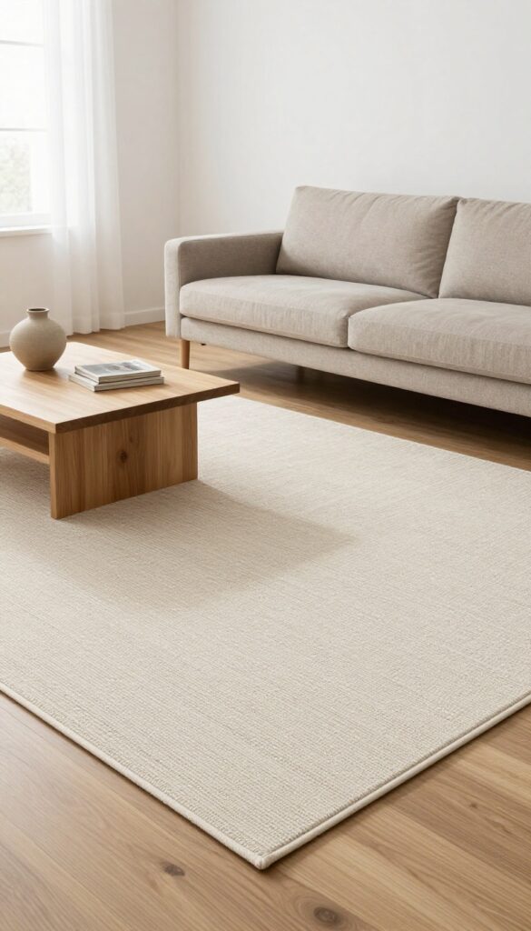 Bright organic modern living room with a large textured neutral ivory and beige area rug anchoring a light sofa and low wood coffee table under natural light