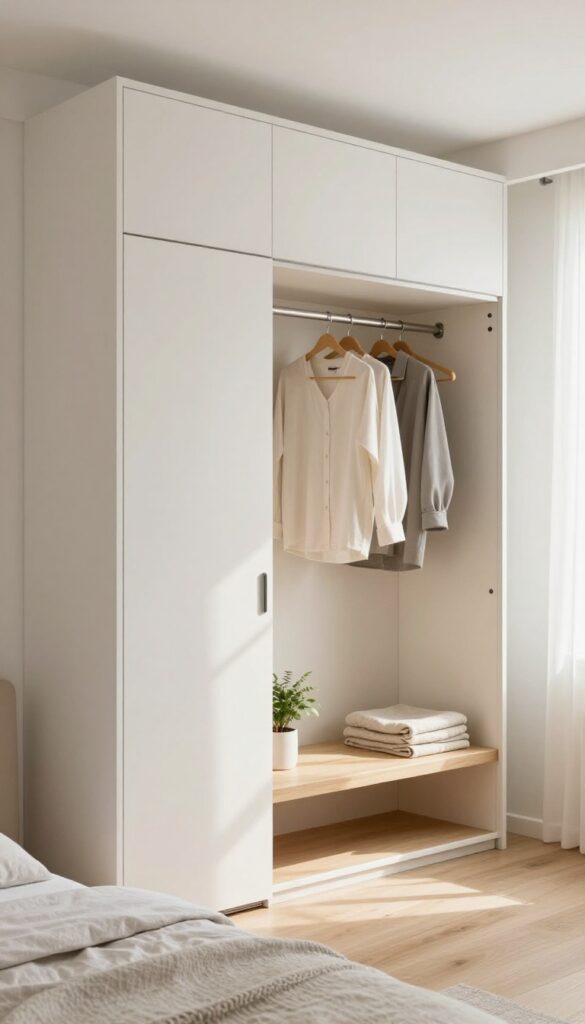 Bright small bedroom with a built-in wardrobe featuring clean matte sliding doors, a low bench placed directly in front, natural light, and minimalist styling.