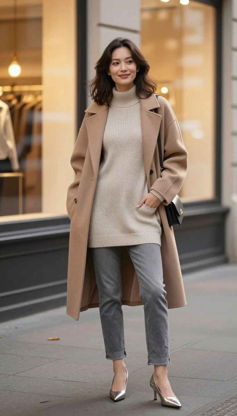 12. Grey Jeans with Metallic Heels and a Sweater Dress Layering