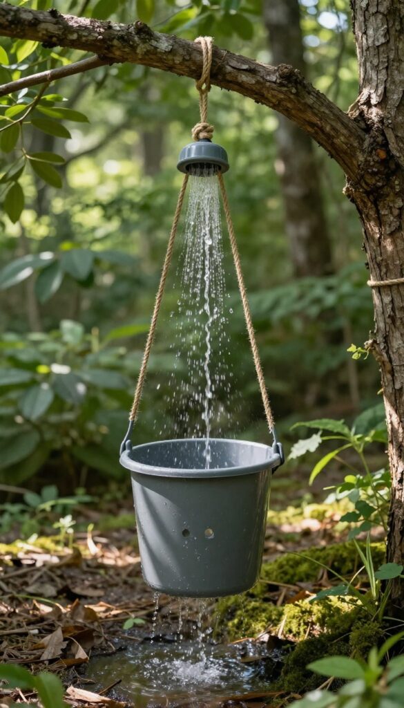 DIY gravity bucket shower hanging from a tree branch in a sunny forest campsite, with water flowing from small holes in the bucket bottom