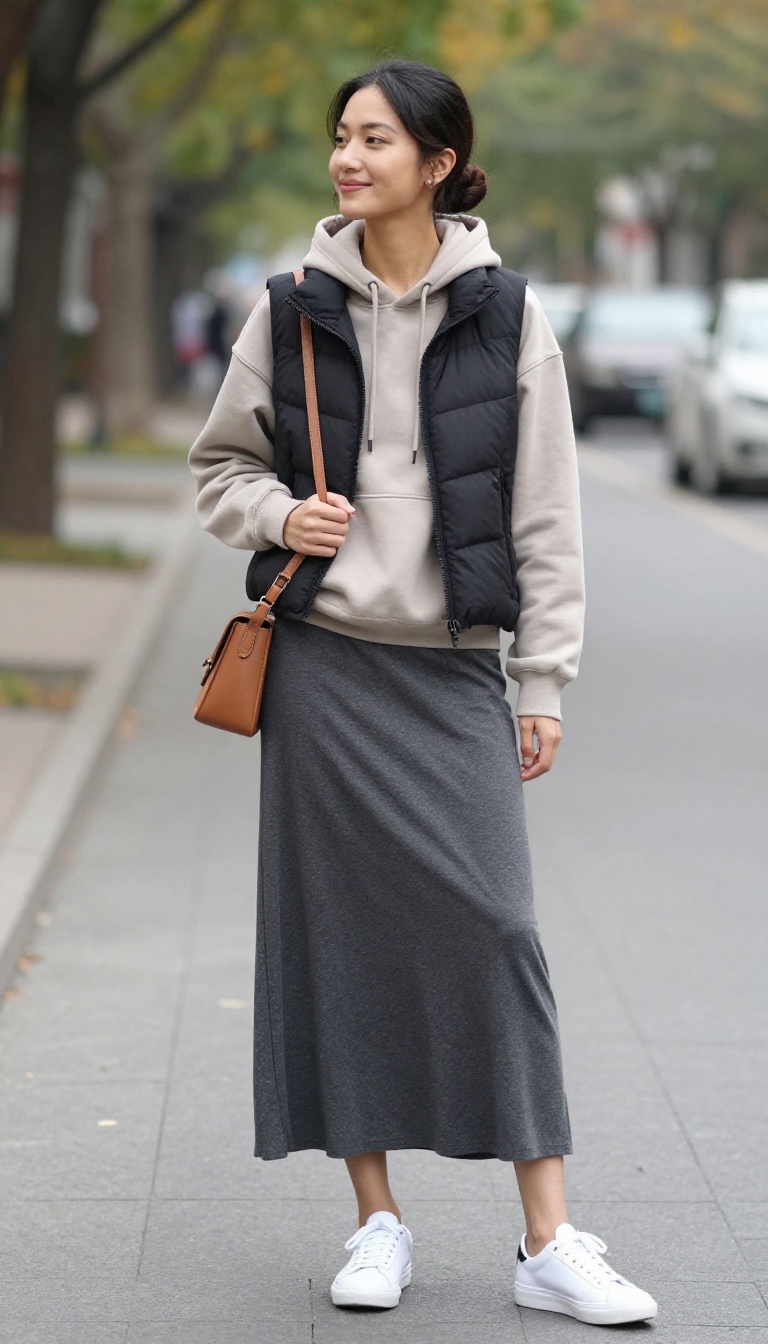 12. Jersey Maxi Skirt with a Hoodie and Puffer Vest