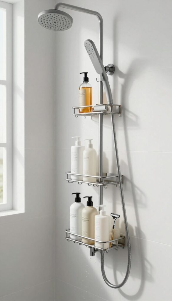 Minimal metal hanging shower caddy with adjustable hooks holding toiletries on tiered shelves in a bright small shower with white tile.