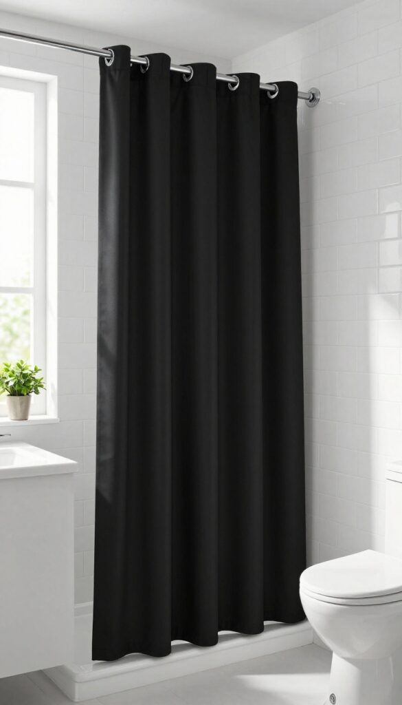 Small bright bathroom with a bold black shower curtain as the main focal point, surrounded by simple white tile and minimal decor