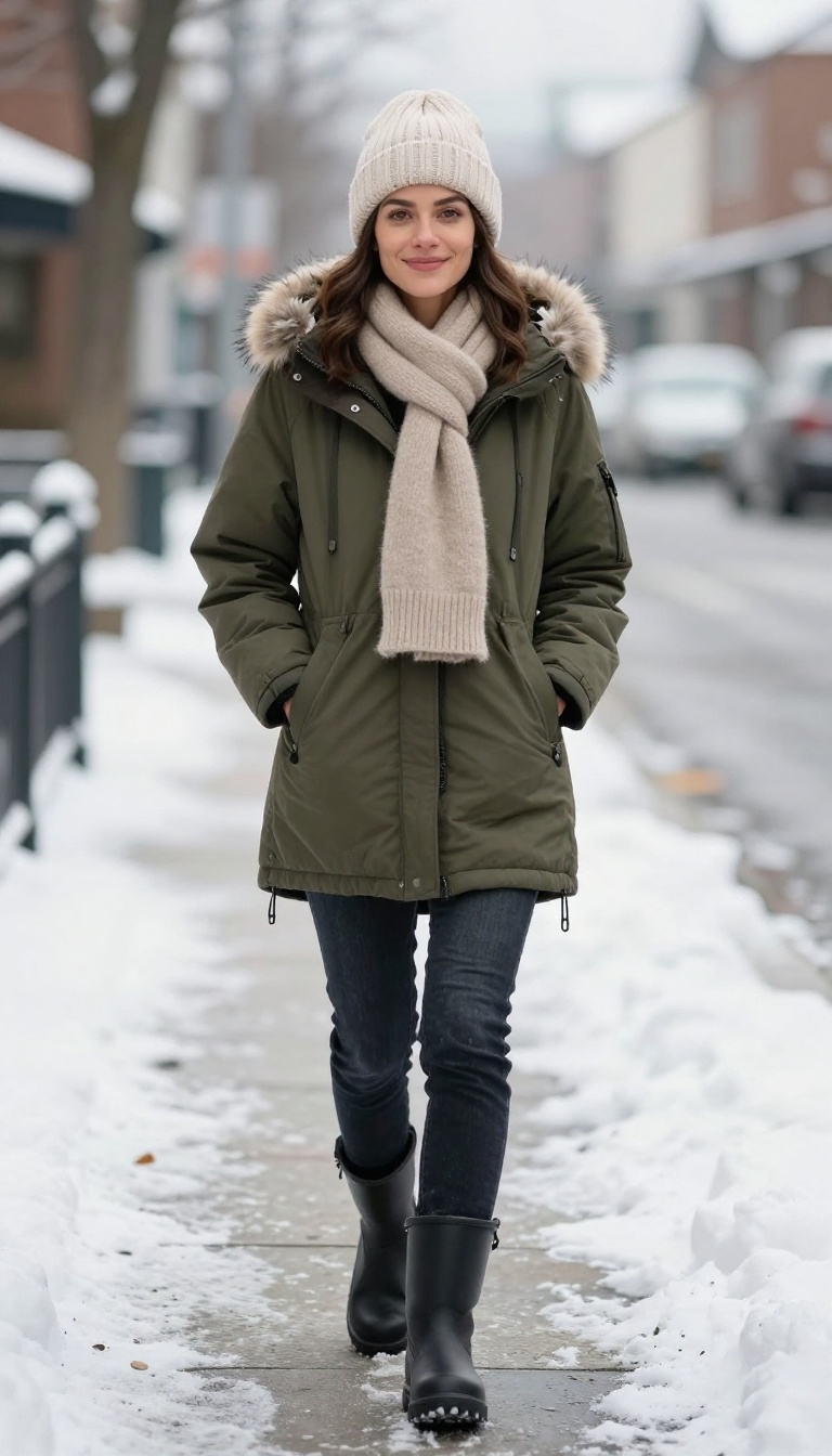 11. Parka with Fleece-Lined Jeans and Snow Boots