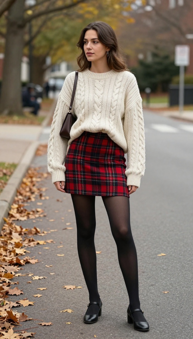 7. Plaid Mini Skirt and a Cable-Knit Sweater