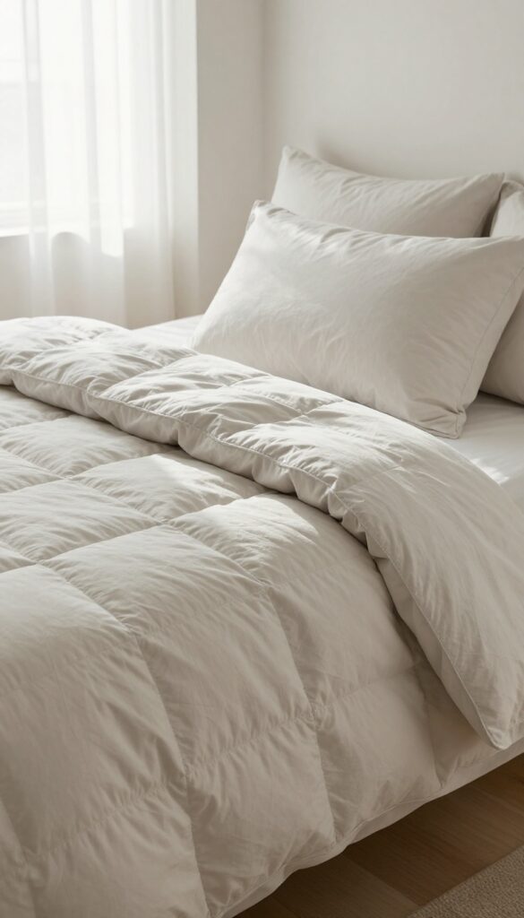 Bright bedroom with a solid-color quilted comforter, subtle diamond stitching catching natural light, and simple matching pillow shams on a minimal bed