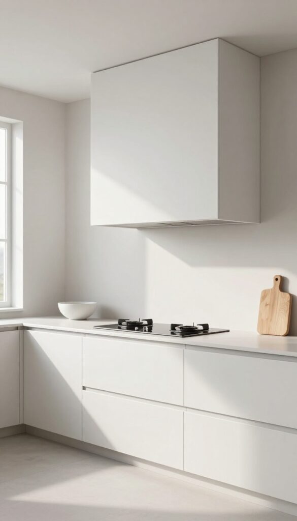 Minimalist white box-style vent hood cover blending seamlessly with flat-panel kitchen cabinets in a bright modern kitchen