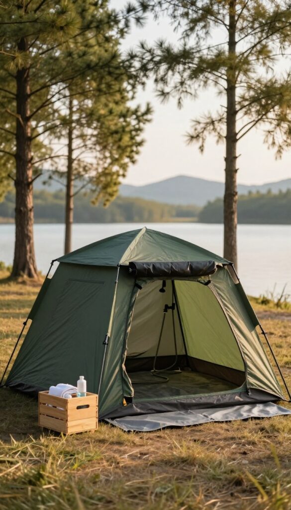 A dark green pop-up shower tent set up on flat grass at a lakeside campsite with a portable hanging camp shower, tarp floor, and a crate of toiletries beside the entrance