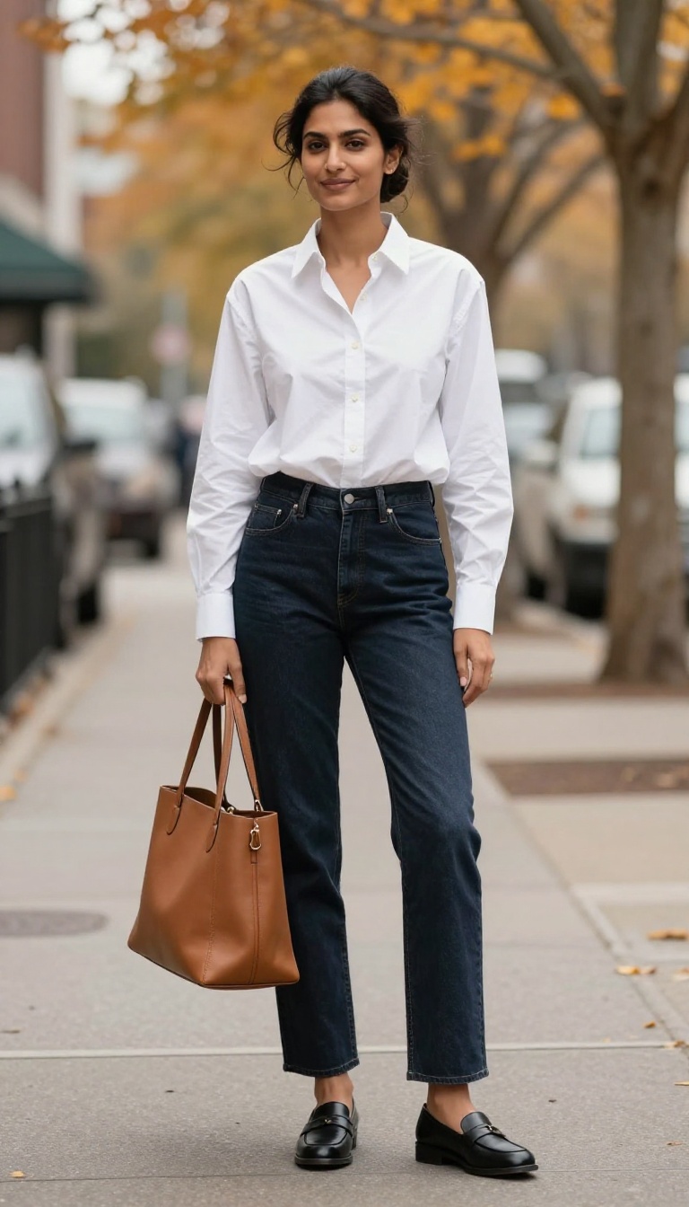 1. Dark Wash Straight-Leg Jeans with a White Button-Down and Loafers