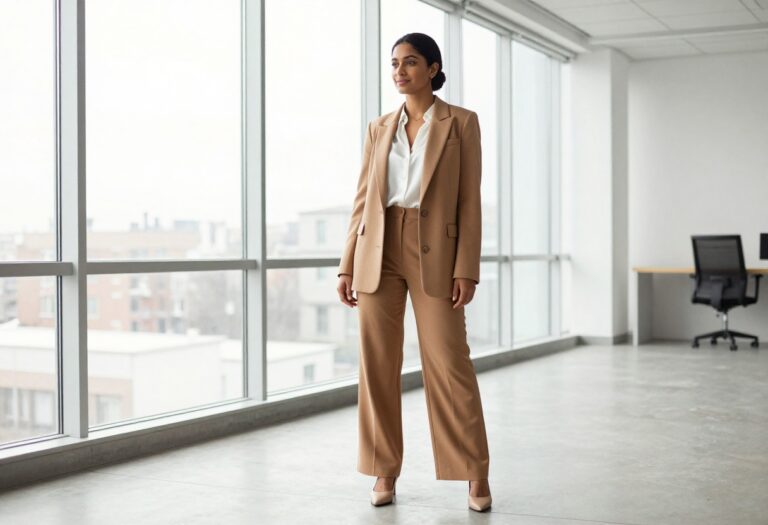 Woman in camel blazer and white silk blouse standing in a modern office, old money work outfit