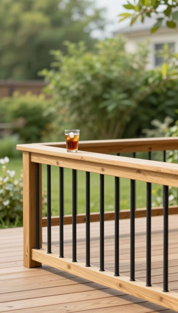 Backyard deck railing with slim matte black vertical metal spindles in a warm stained wood frame, a drink resting on the wide top rail, and greenery beyond in bright natural light