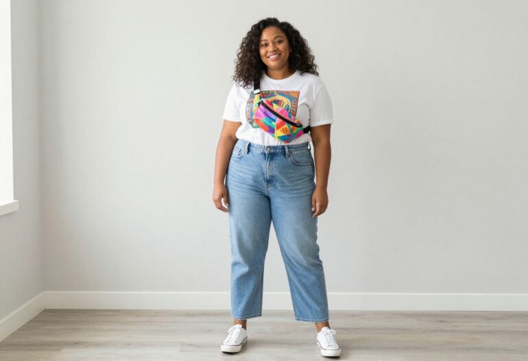 Plus size woman in 80s inspired outfit with mom jeans and fanny pack