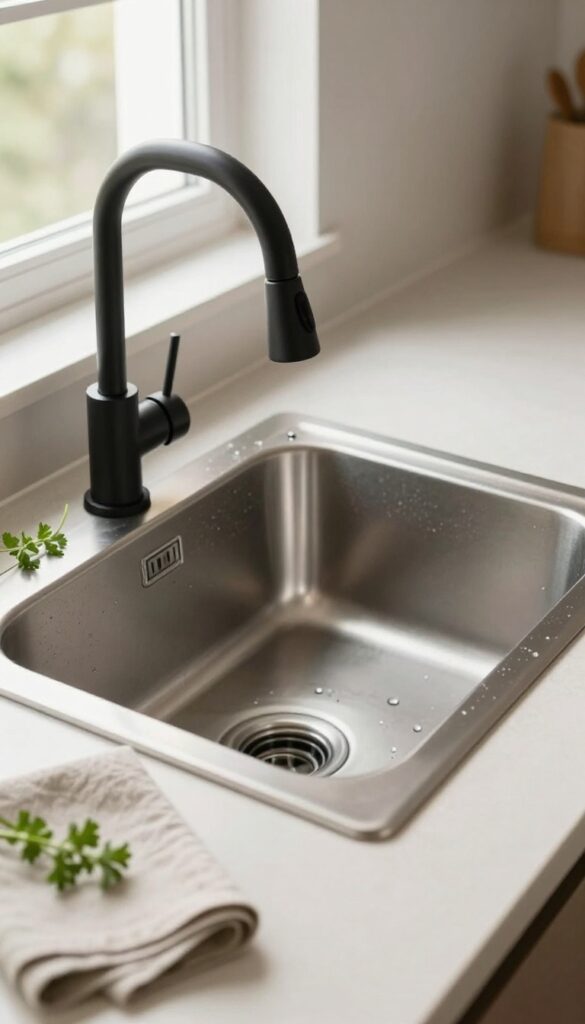Deep single-bowl stainless steel kitchen sink with a matte black pull-down faucet and bottom grid in a bright modern kitchen.