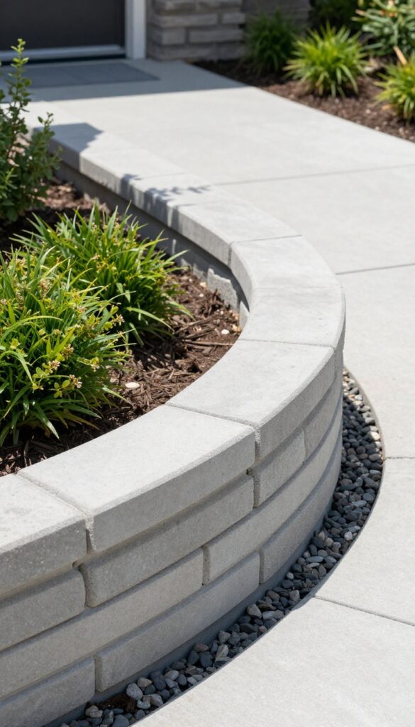 Low concrete paver retaining wall under two feet tall framing a curved front walkway with neatly trimmed plants and matching front steps in bright natural light