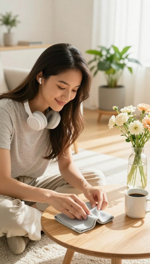 Woman wearing headphones smiling while dusting a bright living room with a timer and coffee nearby