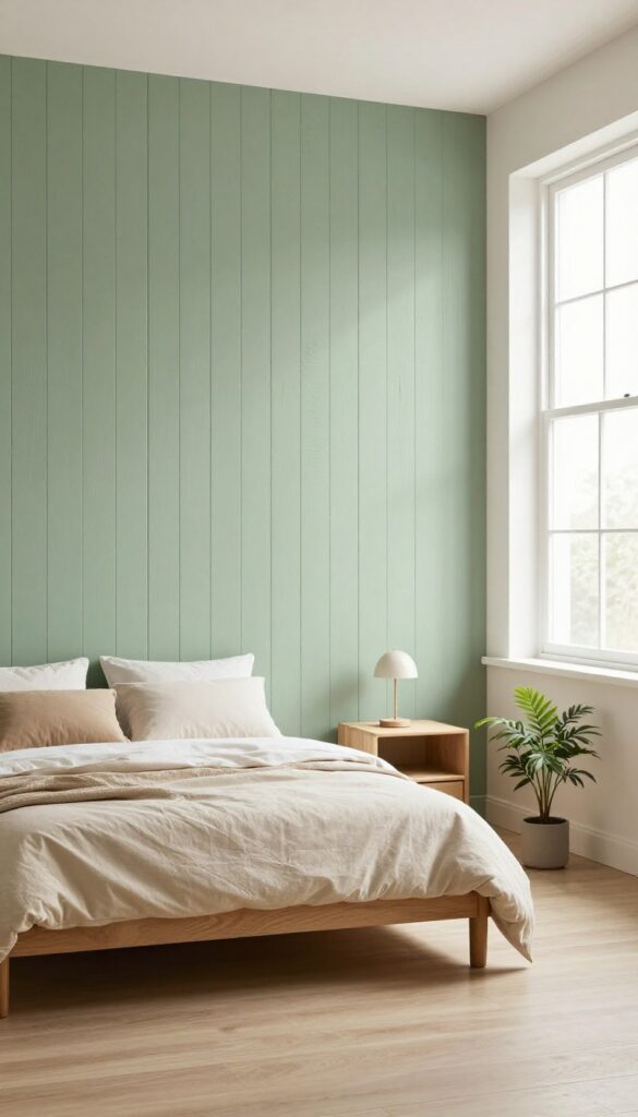 Bright bedroom with sage green vertical wall panels behind a neatly made bed, natural light highlighting the texture and making the ceiling appear higher.