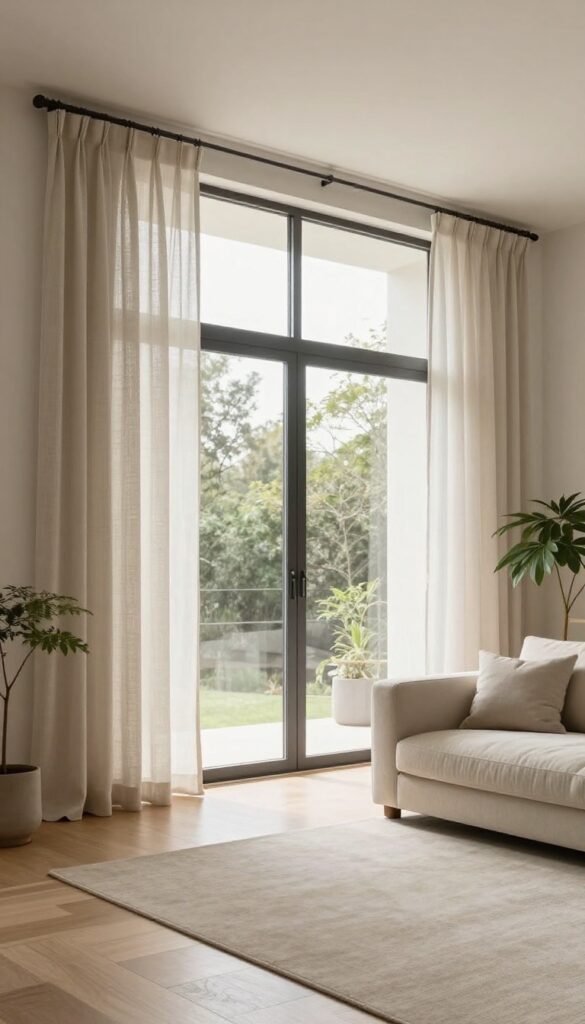 Bright modern living room with slim roller blinds and lightweight neutral curtains on a ceiling-mounted rod letting in natural daylight