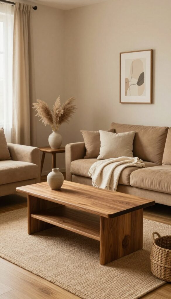 Cozy tan living room with a warm walnut wood coffee table, oak side table, rattan basket, and wooden framed art in bright natural light