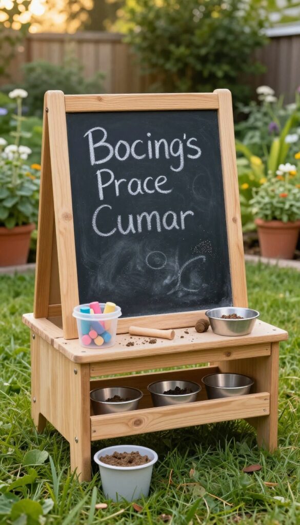 Sunny backyard mud kitchen with a low wooden chalkboard wall, chalk container, and muddy play pots on a wooden counter