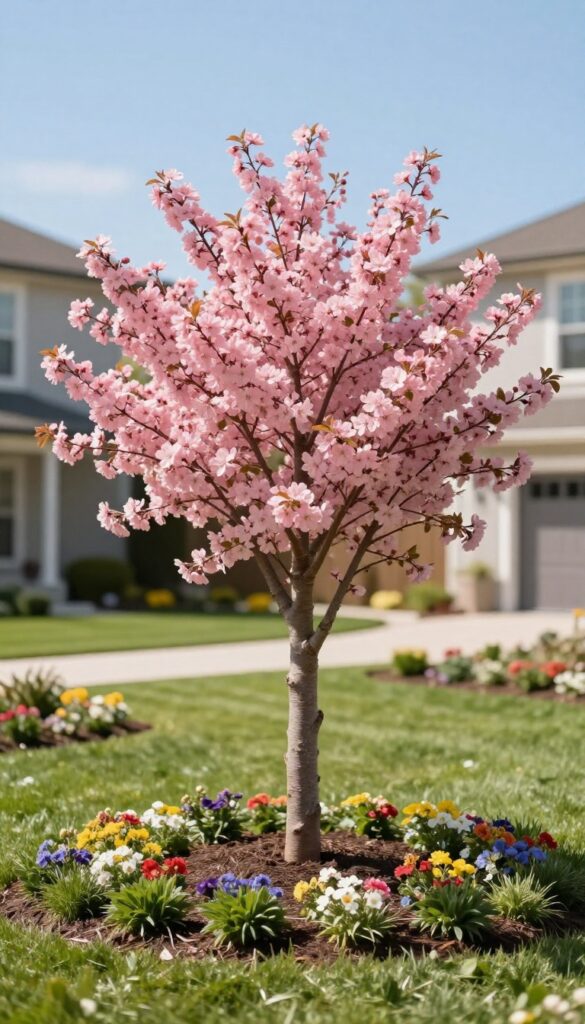 A single blossoming ornamental tree planted off-center in a tidy front yard lawn, anchoring the landscaping with a strong vertical focal point.