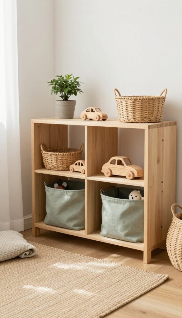 Bright toddler boy bedroom corner with low wooden cube shelving styled with woven baskets and muted green and gray fabric bins holding toys, one shelf partly empty, cozy and polished