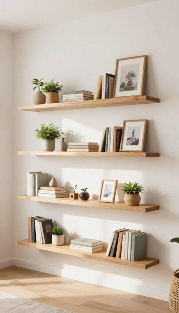 Bright living room wall with three floating wood shelves styled with books, plants, framed photos, and a woven basket in a neutral color palette.