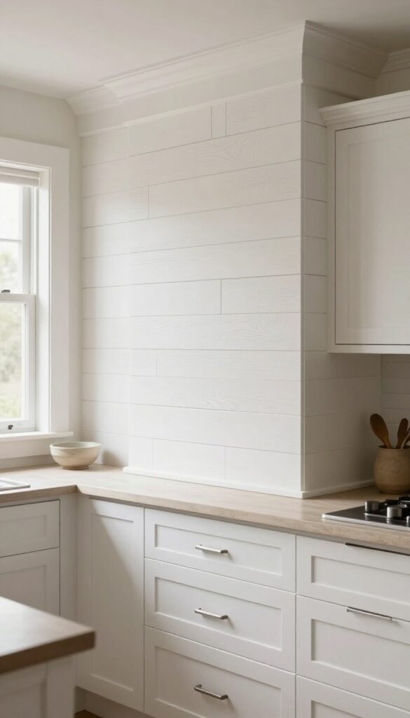 Bright farmhouse kitchen with a white shiplap range hood above a stainless steel stove, natural light highlighting the horizontal wood texture.