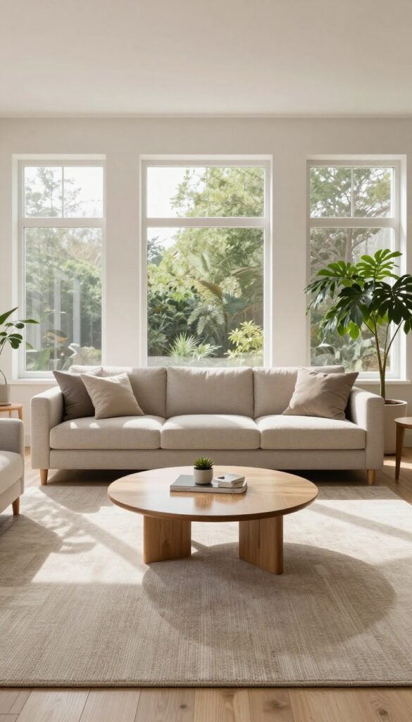Bright square living room with a sofa centered against the wall, two armchairs floated opposite, and a round coffee table anchoring a balanced conversation zone.
