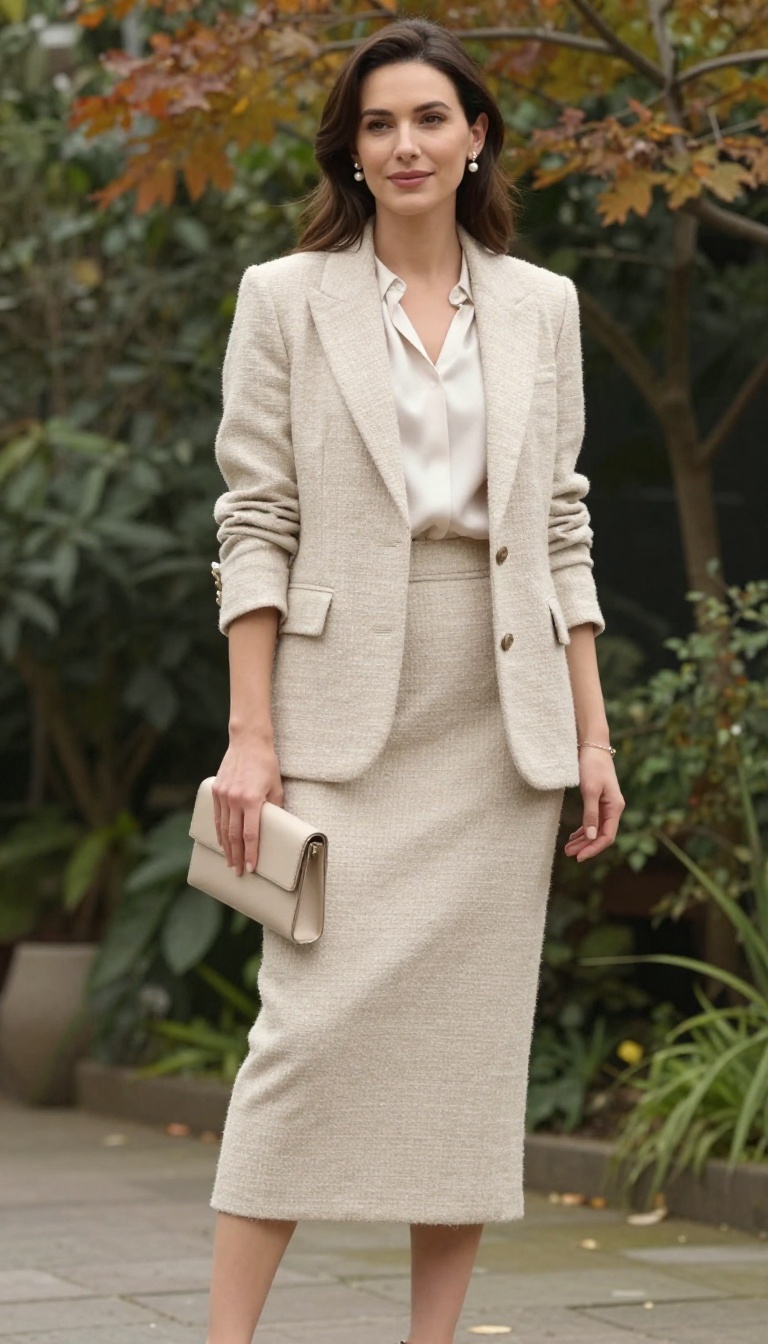 4. Tweed Skirt Suit with a Silk Blouse