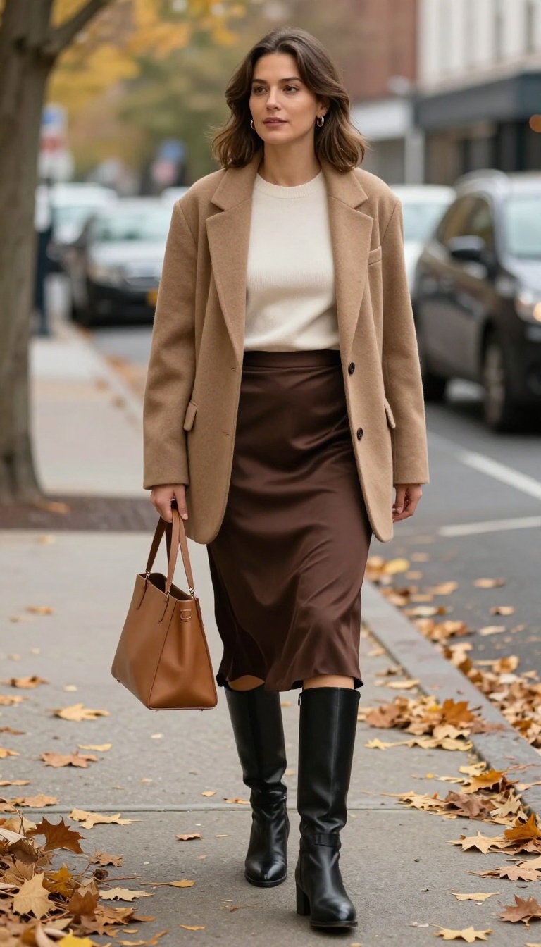7. Satin Slip Skirt with an Oversized Blazer and Heeled Boots