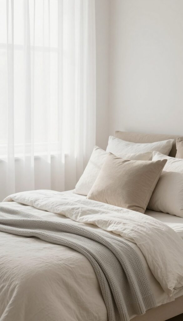 Layered neutral bedding on a calm bedroom bed in bright natural light with linen sheets, beige duvet, and a knit throw