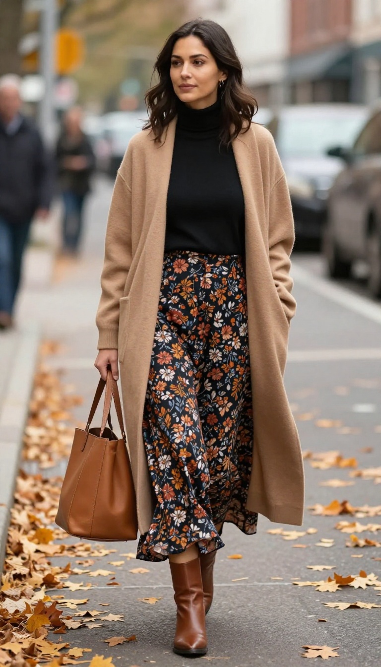 5. Floral Maxi Skirt with a Turtleneck and Long Cardigan