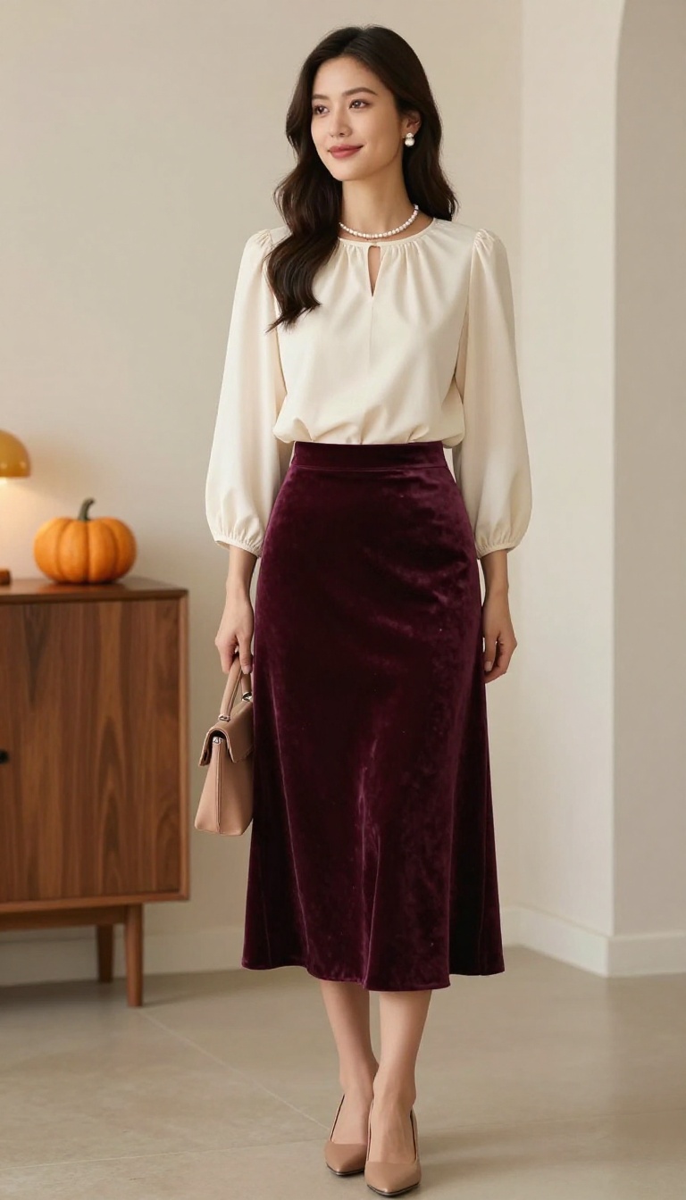 13. Plum Velvet Skirt and Cream Blouse with Pearl Accessories