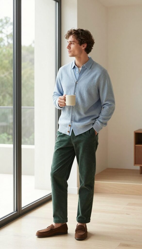 Man in cashmere cardigan, oxford shirt, corduroy trousers, and penny loafers in a bright living room