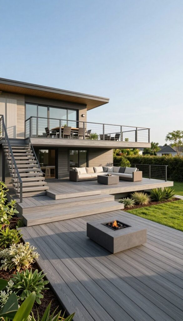 Multi-level composite deck with dining, lounge, and fire pit areas built into a sloped backyard