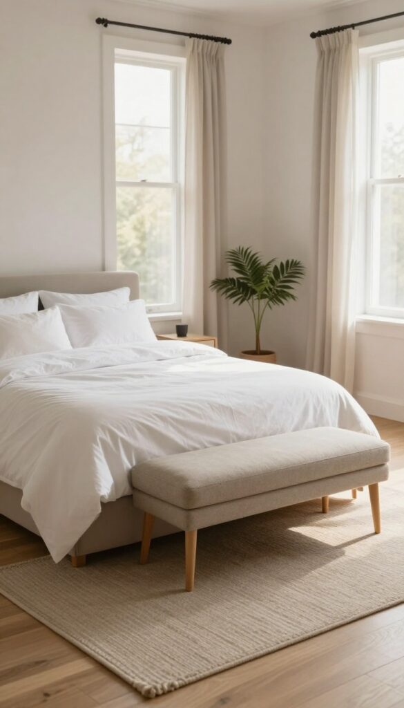 A bright bedroom with a small upholstered bench centered at the foot of a neatly made bed, styled with natural light and clean, cozy decor.