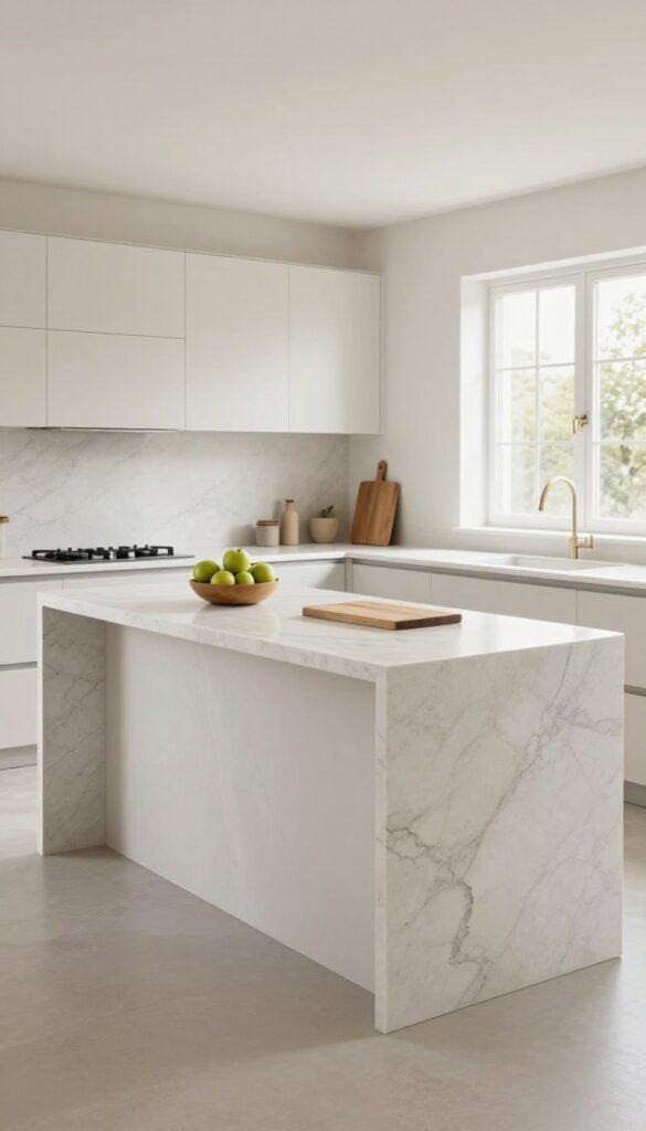 Modern kitchen island with a white quartz waterfall countertop flowing down the sides in bright natural light